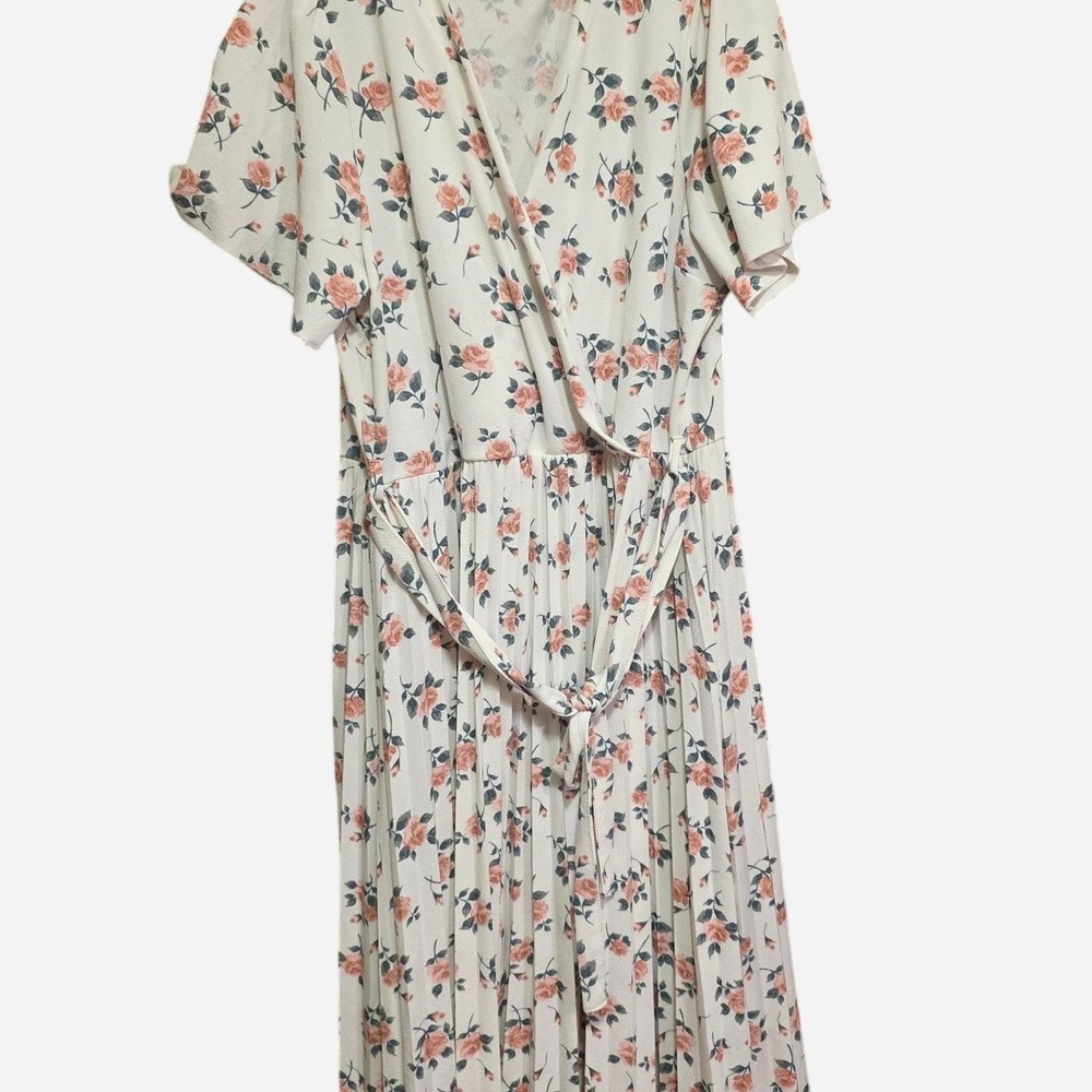 White floral dress with pink & orange flowers and green leaves, tie waist